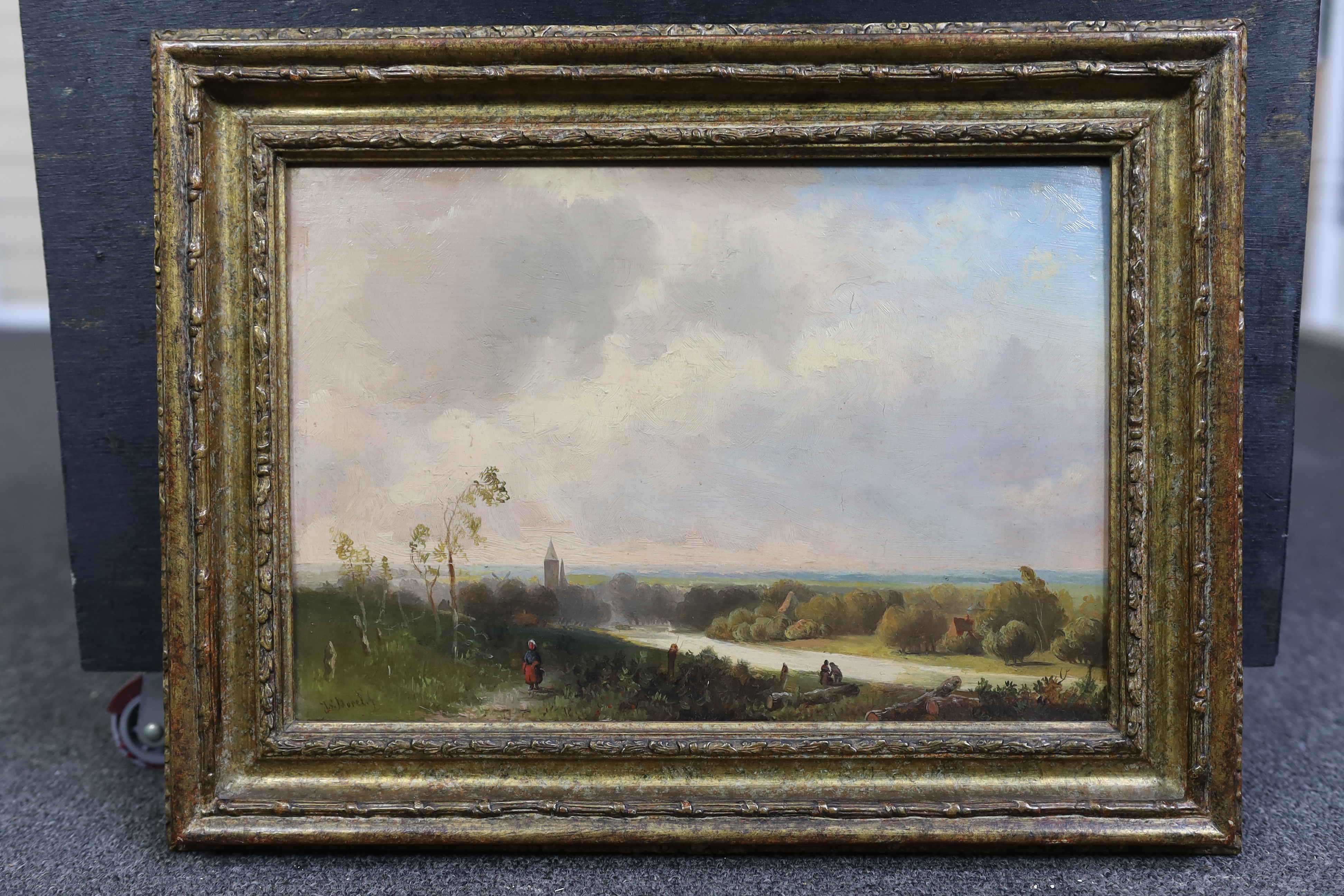 Jan Evert Morel II (Dutch, 1835-1905), Figures in an open landscape, oil on oak panel, 22 x 32cm